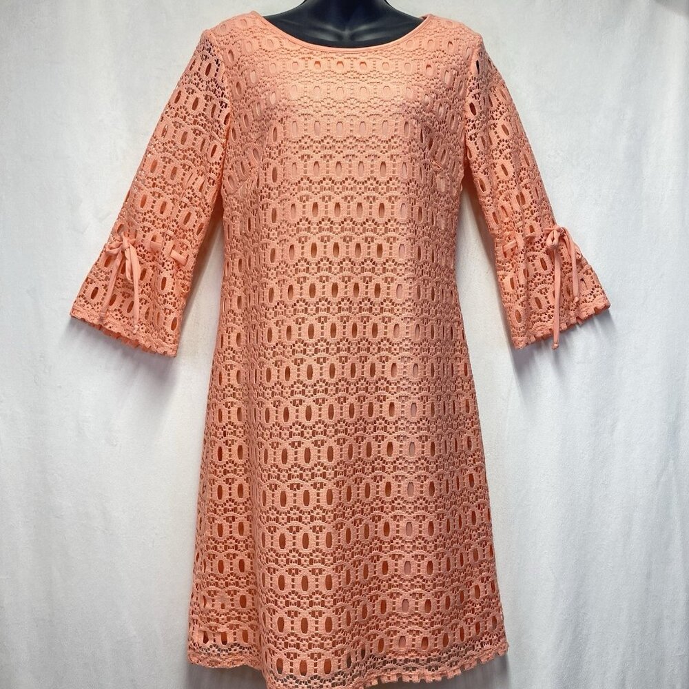 Karin Stevens 3/4 Sleeve Round Neck Lace Overlay Shift Dress Women Sz 10 Salmon